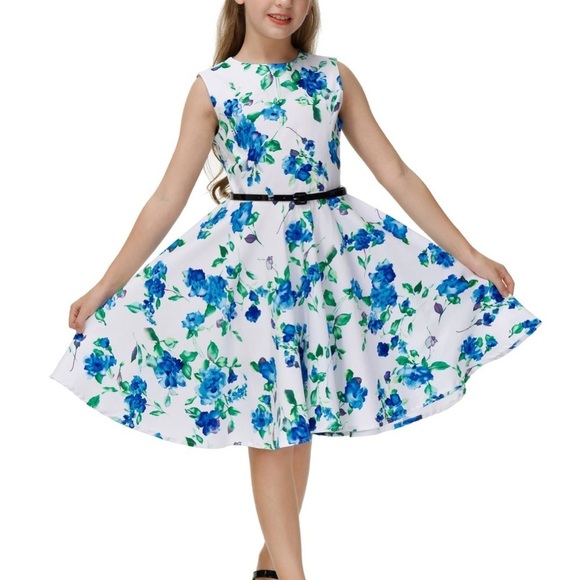 Kate Kasin | Girls White and Blue Sleeveless A-line Wedding Guest Dress - Picture 3 of 3